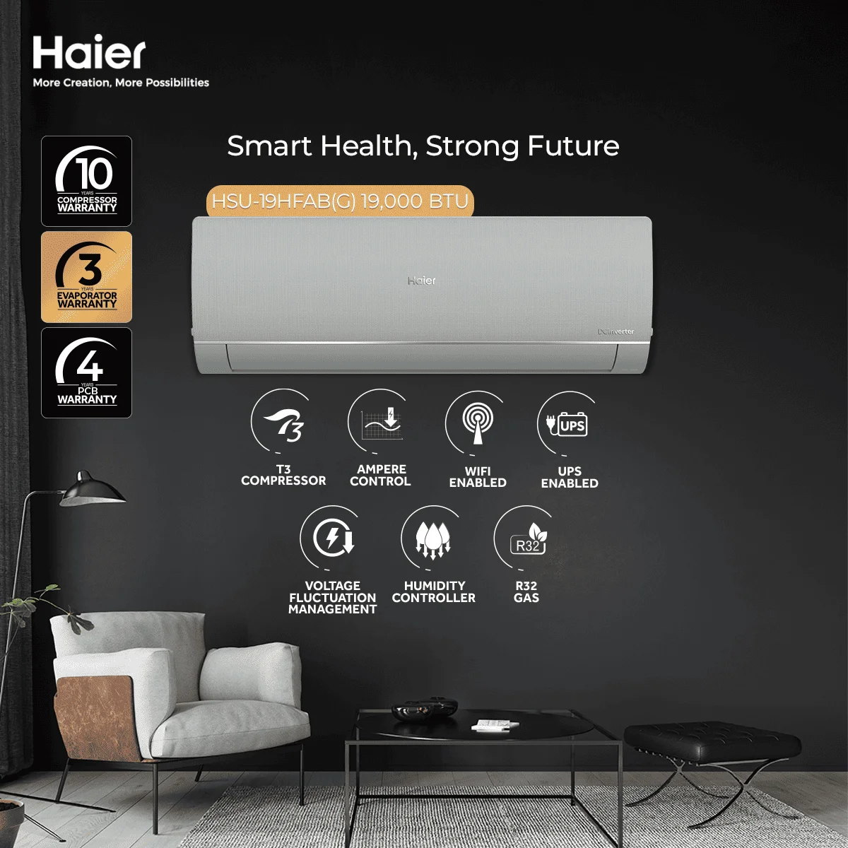 Haier 1.5 Ton - T3 Series - HSU-19HFAB Grey - 19,000 BTU's