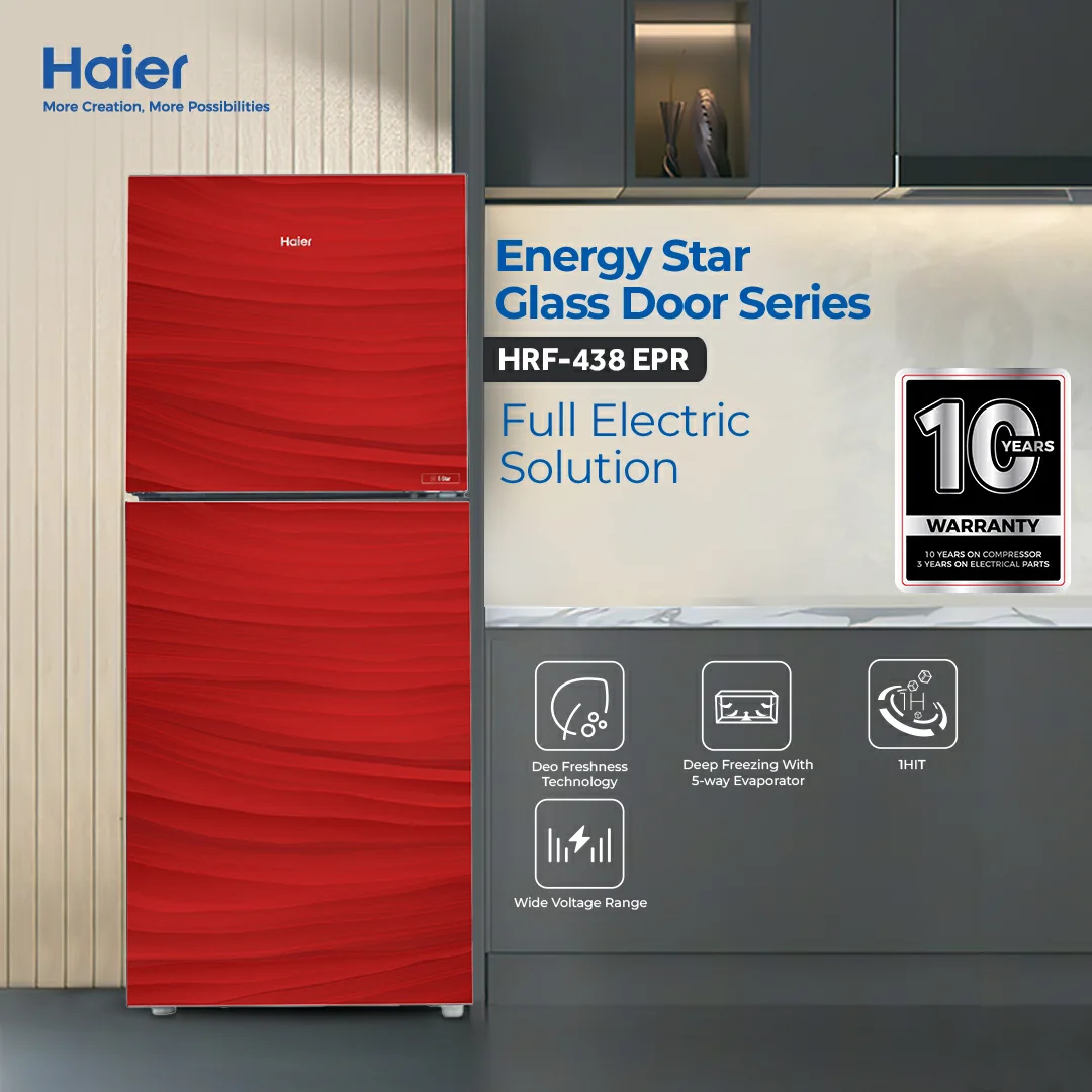 Haier HRF-438 EPR/EPB/EPG 15 CFT E-Star Glass Door Refrigerator