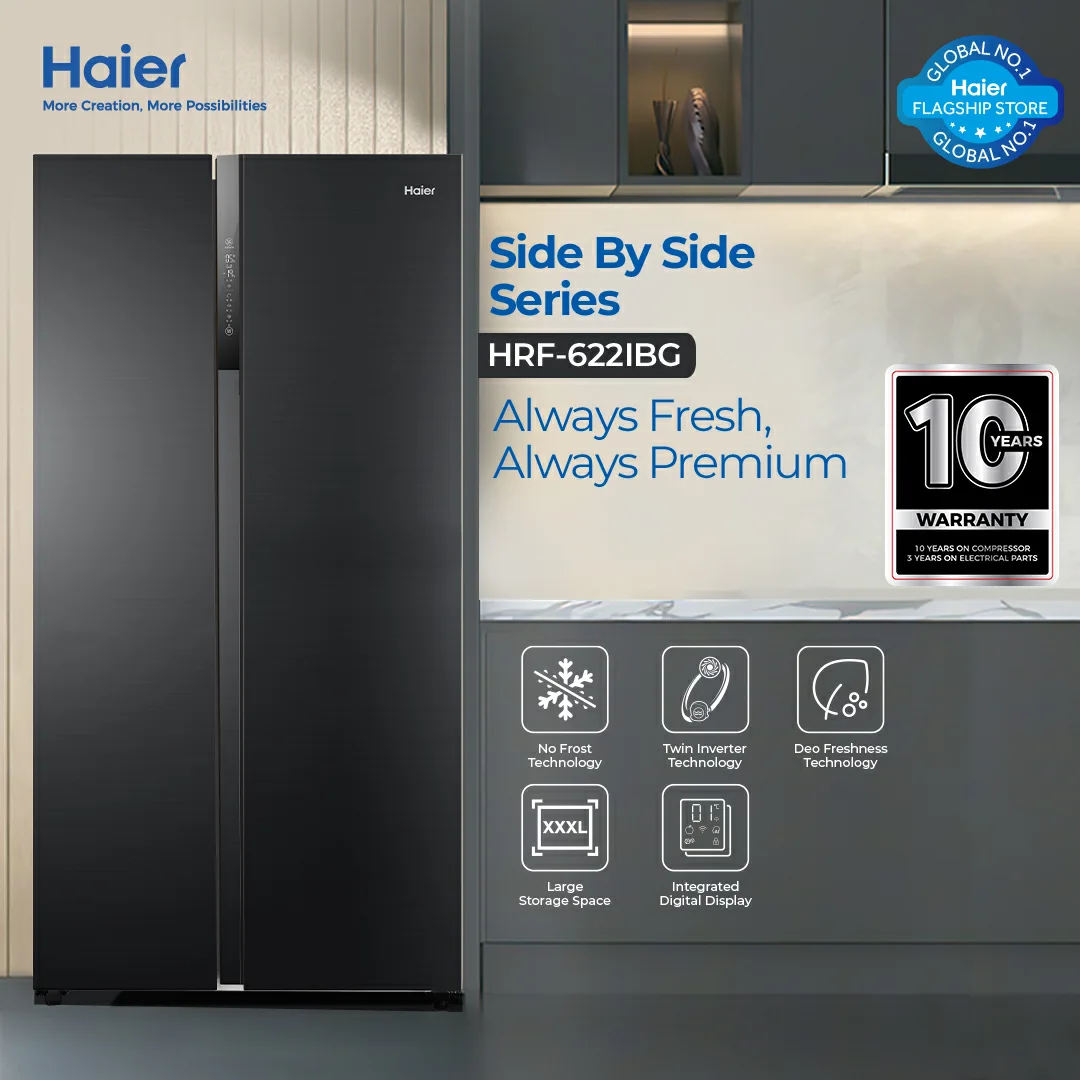Haier HRF-622IBG 22 CFT Side by Side Digital Inverter Refrigerator